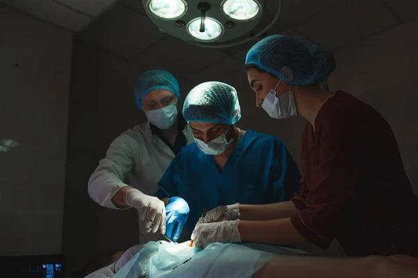 外科手術室で働く外科医のグループ。鋼医療器具を保持する保護マスクを身に着けている蘇生医療チーム — ストック写真