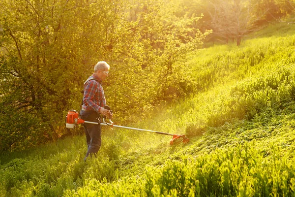 Trymer koszenia - pracownik koszenia trawy na zielonym podwórku o zachodzie słońca. — Zdjęcie stockowe