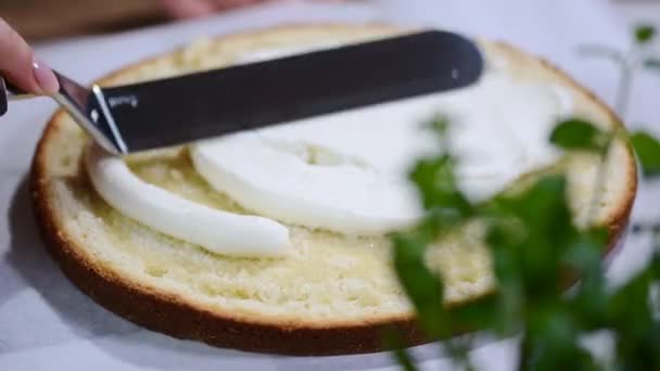 Suikerwerk Spatel Dub Crème Koken Gebak Met Slagroom Cake Met — Stockvideo