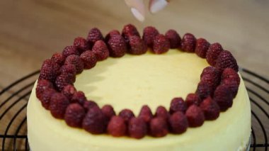 Ev yapımı New York cheesecake. Peynirli kek New York ahududu süslemeleri.