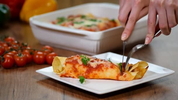 Traditionelle Mexikanische Enchiladas Mit Hühnerfleisch Würziger Tomatensauce Und Käse Auf — Stockvideo