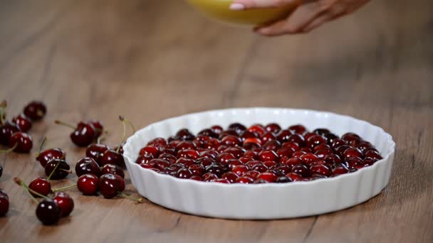 Cocinar la clafoutis con cereza . — Vídeos de Stock