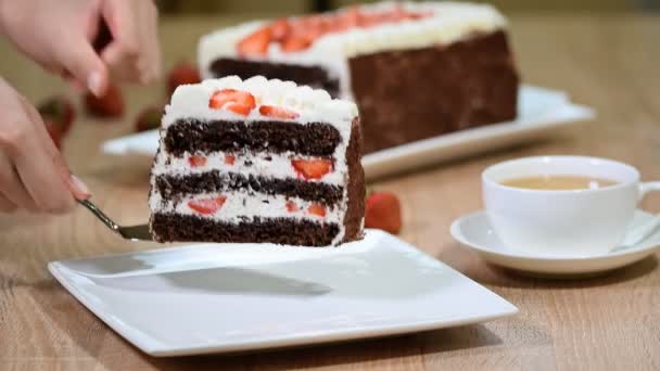 Ein Stück Schokoladenkuchen mit Erdbeeren in einen Teller geben. — Stockvideo