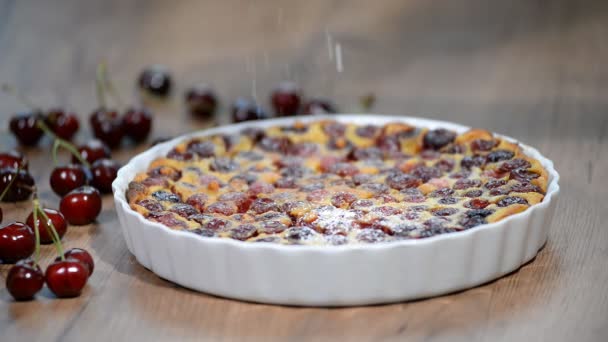 Cherry Clafoutis Powdered Sugar Baking Dishes — Stock Video