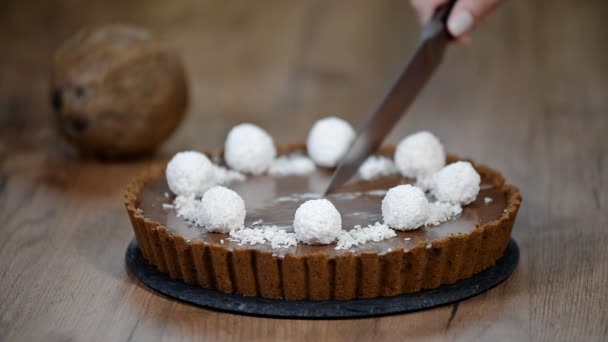 Cutting Piece Chocolate Coconut Pie — Stock Video
