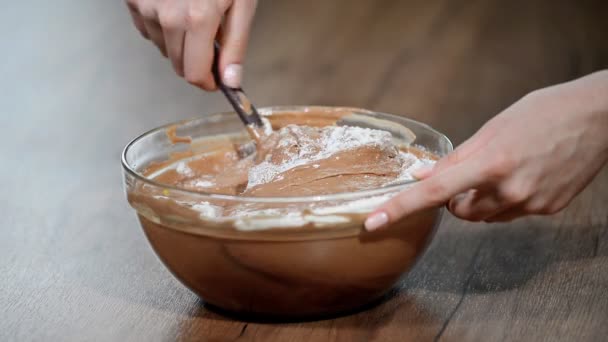 お菓子メーカーは 生地を作ってくれます プラスチック製のヘラを持つ手は チョコレート ビスケットのケーキを焼くための鋼ボウルの生地をかき立てる — ストック動画