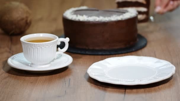 把一块巧克力椰子蛋糕放在盘子里 — 图库视频影像