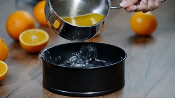 Making Orange Jelly Pouring Orange Jelly Form — Stock Video