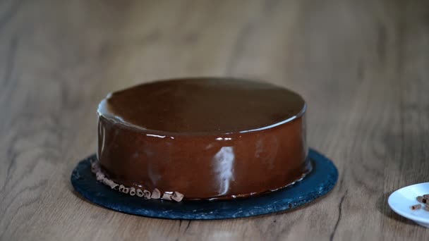 Processus Création Délicieux Dessserts Décorer Gâteau Mousse Chocolat — Video