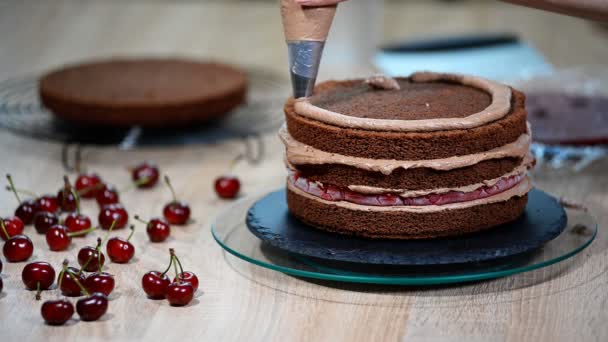 Oigenkännlig kvinnliga bakelse laga klämma choklad grädde på aptitretande lager tårta i köket. — Stockvideo