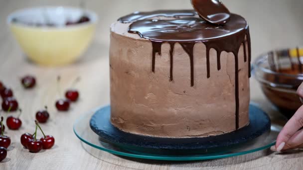 Voorbereiding van een vakantie-cake. Het meisje giet vloeistof chocolade. — Stockvideo