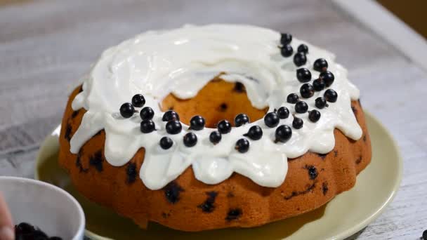 Siyah frenk üzümü ile sünger kek dekorasyon. — Stok video