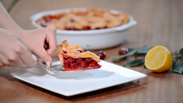 Slice of homemade cherry pie. — Stock Video