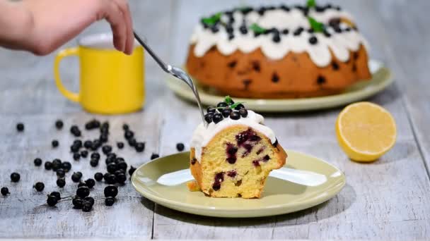 검은 건포도와 섬세 한 맛 있는 케이크. 검은 건포도와 케이크 한 조각 먹고. — 비디오