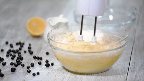 Vrouwelijke handen deeg roeren met een mixer voor cake. — Stockvideo