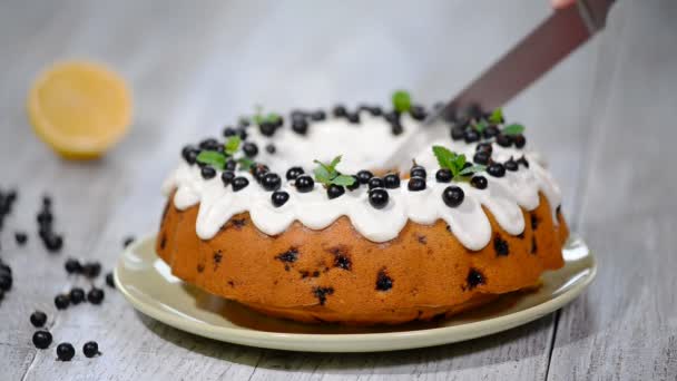 黒スグリと繊細なおいしいケーキ。黒スグリの実のケーキを切る. — ストック動画