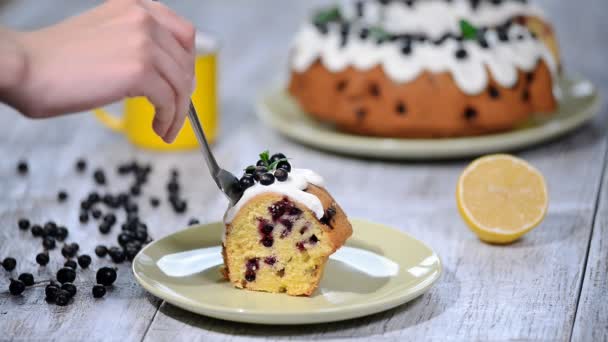 Delikater leckerer Kuchen mit schwarzer Johannisbeere. ein Stück Kuchen mit schwarzer Johannisbeere essen. — Stockvideo