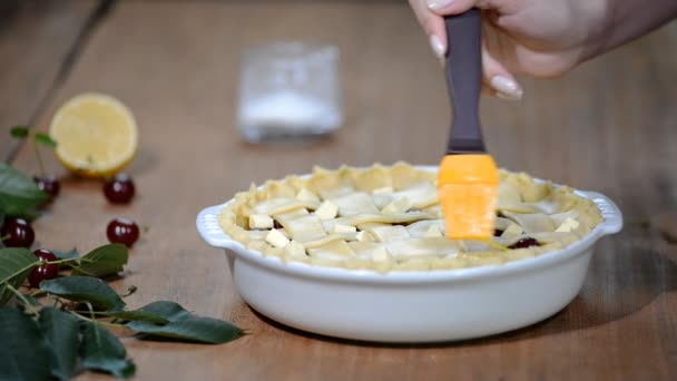 Ingredienti per cuocere la torta ripiena di torta di ciliegie fresche. Femmina che prepara torta di ciliegie. Stendere il lavaggio delle uova sopra la parte superiore della torta . — Video Stock