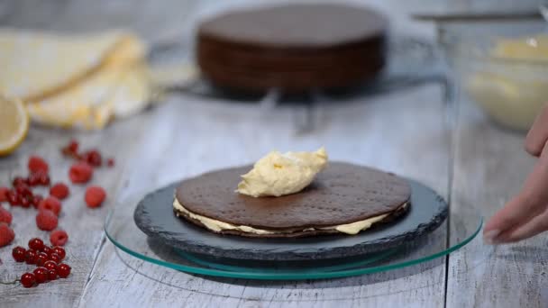 Chocolate mel camada bolo Medovik. Confeiteiro profissional fazendo bolo delicioso — Vídeo de Stock