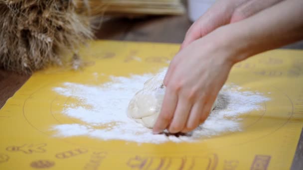 Manos de mujer cocinando masa con harina en mesa de madera . — Vídeos de Stock