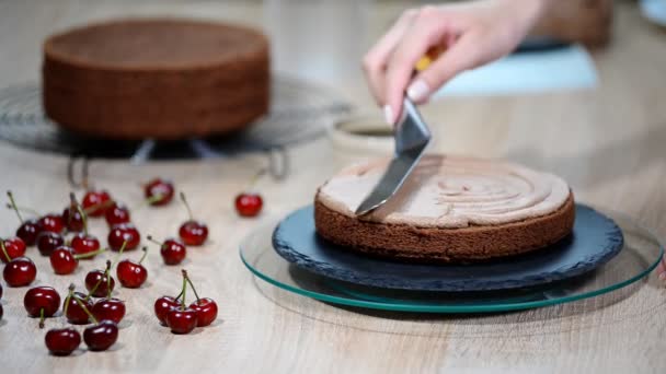 Unrecognizable female pastry cook squeezing chocolate cream on appetizing layer cake in kitchen. — Stock Video