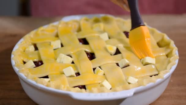 Ingredientes para hornear pastel relleno con pastel de cereza fresca. Hembra preparando pastel de cereza. Extender el lavado de huevos sobre la parte superior de la tarta . — Vídeos de Stock
