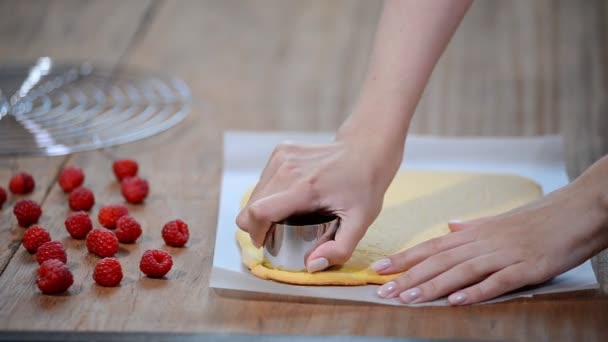 Las manos femeninas cortan y preparan la corteza del pastel  . — Vídeos de Stock