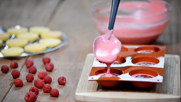 Zubereitung von leckerem Moussekuchen. Französische Moussekuchen mit Spiegelglasur. modernes europäisches Dessert. — Stockvideo