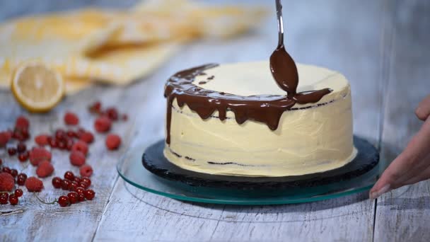 Жидкий шоколад льется на голый торт — стоковое видео