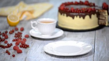 Çikolata tatlım katman Medovik pasta. Parça çikolatalı tatlım pastası