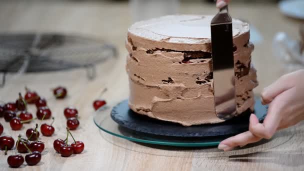 Preparação passo a passo do bolo de grife preto. O confeiteiro cobre o bolo com creme . — Vídeo de Stock