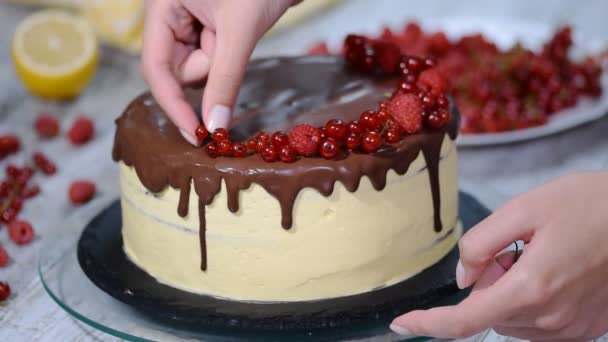 Σεφ ζαχαροπλαστικής διακοσμεί ένα κέικ με μούρα. — Αρχείο Βίντεο