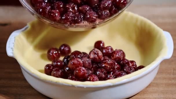 Ingrediënten voor het bakken van cake gevuld met verse kersen taart. Vrouwelijke voorbereiding van cherry pie. — Stockvideo