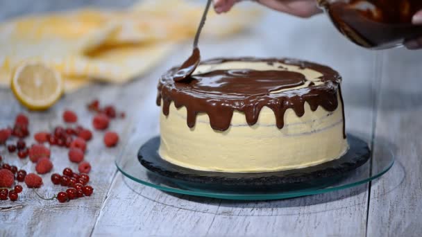 Flytande choklad hälla på nakna kakan. — Stockvideo