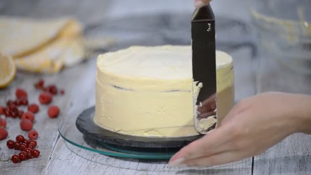 Chef de pastelaria faz um bolo com suas próprias mãos e o decora com bagas . — Vídeo de Stock