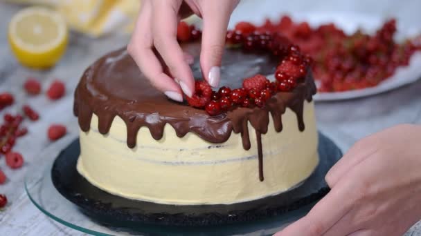 Pasticcere decora una torta con bacche . — Video Stock