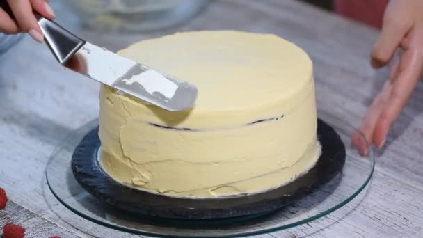Σεφ ζαχαροπλαστικής κάνει ένα κέικ με τα χέρια του και να τον στολίζει με μούρα. — Αρχείο Βίντεο