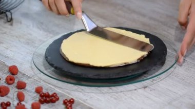 Çikolata tatlım katman Medovik pasta. Profesyonel pudra lezzetli kek yapmak.