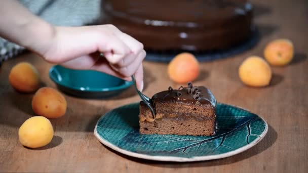 Un pedazo de pastel de Sacher. Comer un pedazo de pastel de chocolate — Vídeos de Stock