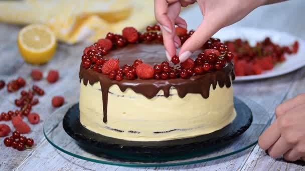 Pasticcere decora una torta con bacche . — Video Stock