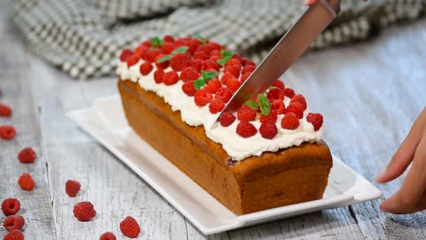 Tarta de frambuesa para vacaciones. Corte de pastel de frambuesa . — Vídeos de Stock