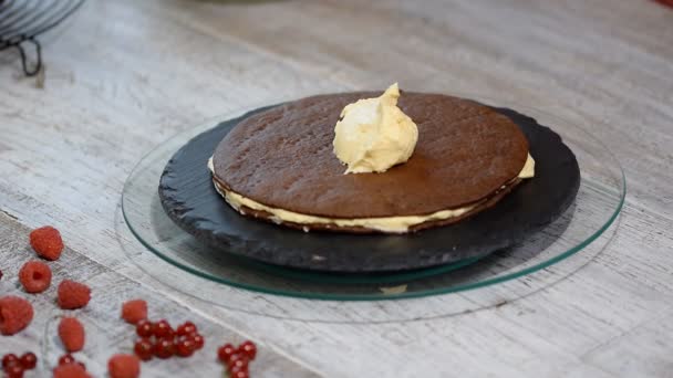 Chocolate honey layer cake Medovik. Professional confectioner making delicious cake. — Stock Video