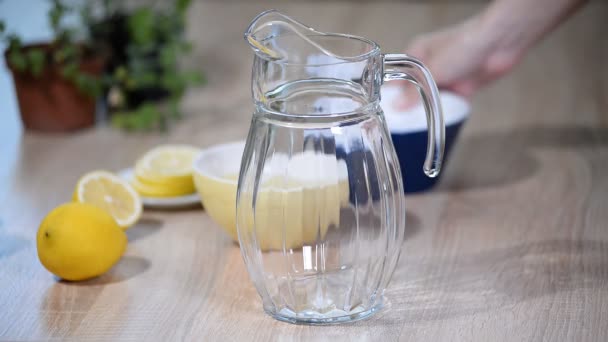 Preparación de la bebida de limonada. Limonada en la jarra y limones con menta en la mesa — Vídeos de Stock