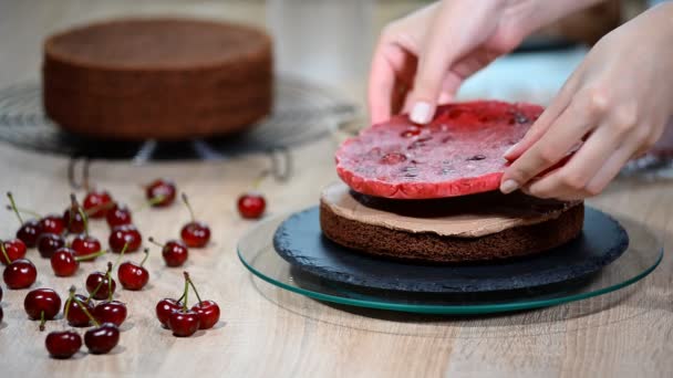 Herstellung von Schokoladenkuchen mit Kirschen. — Stockvideo