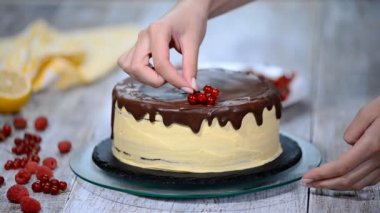 Çikolata tatlım katlı pastayı Medovik çilek ile.