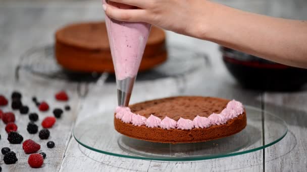 Készül, így a csokoládé torta bogyók. Womans kézzel díszíteni a tortát. — Stock videók