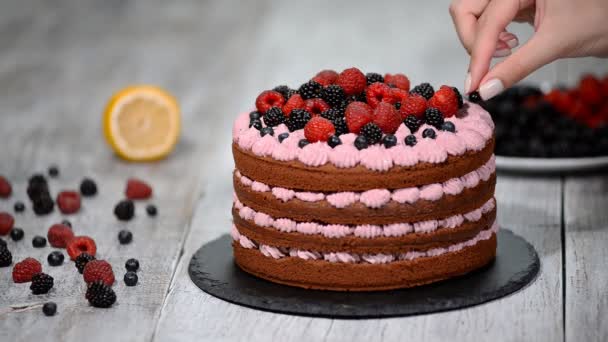 요리사가 케이크의 딸기를 장식하는 — 비디오