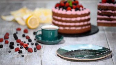 buzlanma ile çikolatalı kek parçası ve taze meyve.