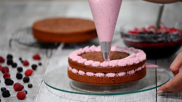 Preparación de hacer pastel de chocolate con bayas. Mujeres mano decorar pastel . — Vídeos de Stock