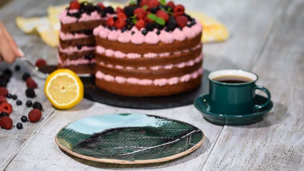 Кусок шоколадного торта с глазурью и ягодами . — стоковое видео